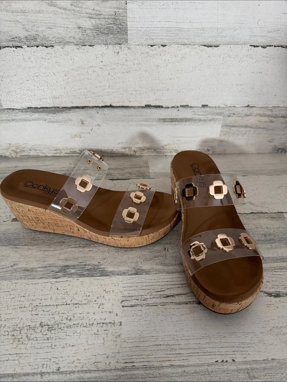 CORKYS CLEAR HIGH TIDE GOLD TRIM WEDGE SHOES - 9